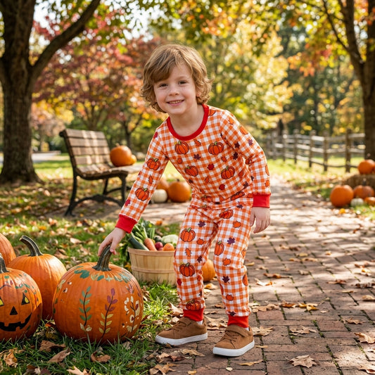 Baby Boys Leaves Pumpkins Checked Top Pockets Joggers Fall Clothes Set