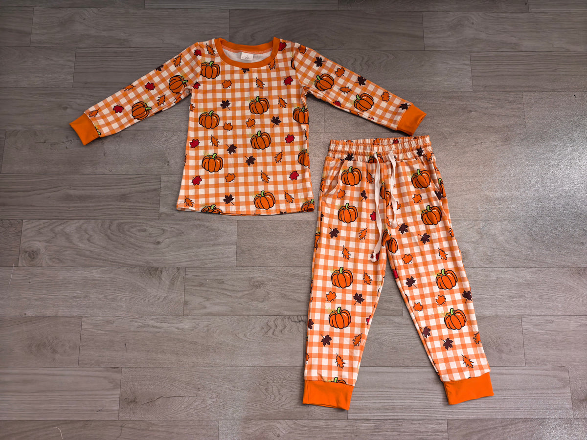 Baby Boys Leaves Pumpkins Checked Top Pockets Joggers Fall Clothes Set