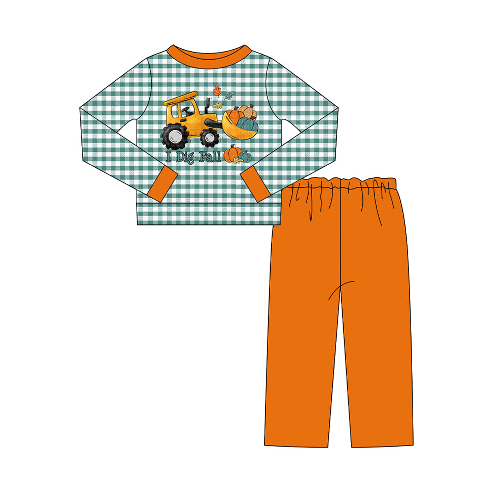 Preorder moq 5 Baby Boys Pumpkins Truck Checked Top Pant Fall Clothes Set