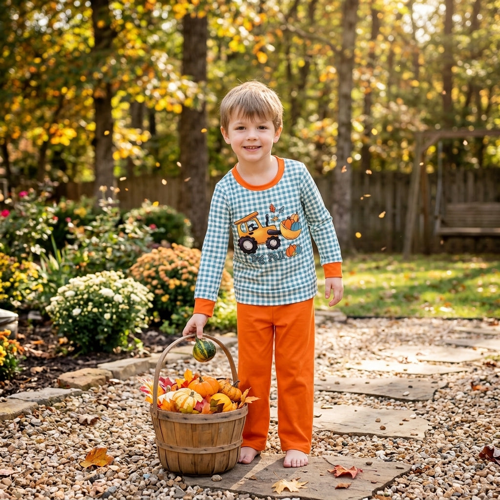 Baby Boys Pumpkins Truck Checked Top Pant Fall Clothes Set