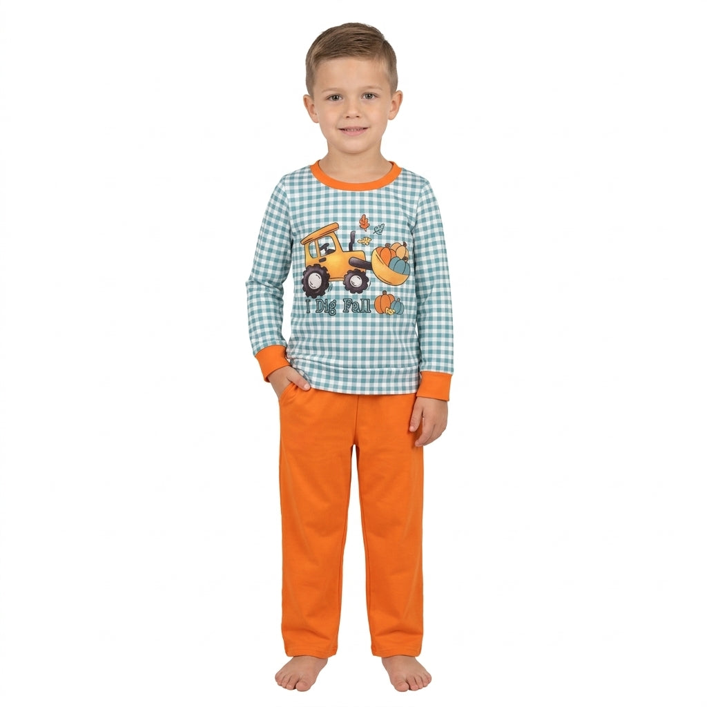 Baby Boys Pumpkins Truck Checked Top Pant Fall Clothes Set