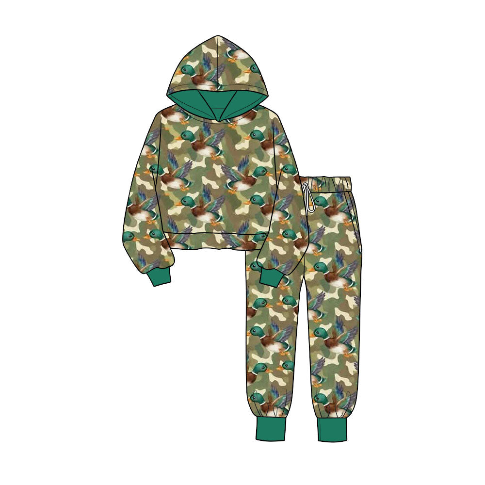 Preorder moq 5 Baby Boys Green Camo Ducks Hoodie Pockets Jogger Hunting Clothes Set