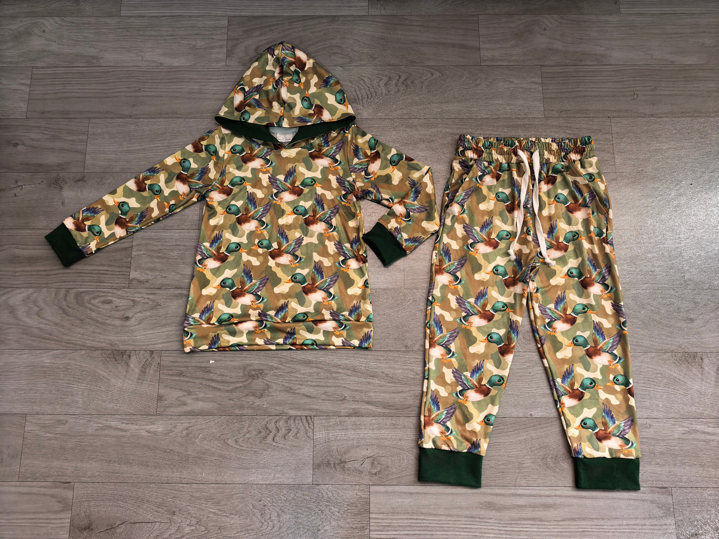 Baby Boys Green Camo Ducks Hoodie Pockets Jogger Hunting Clothes Set Preorder