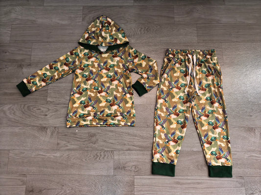 Baby Boys Green Camo Ducks Hoodie Pockets Jogger Hunting Clothes Set