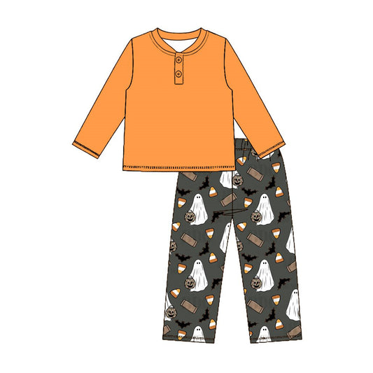 Preorder moq 5 Baby Boys Orange Button Top Ghosts Pumpkins Pant Halloween Clothes Set