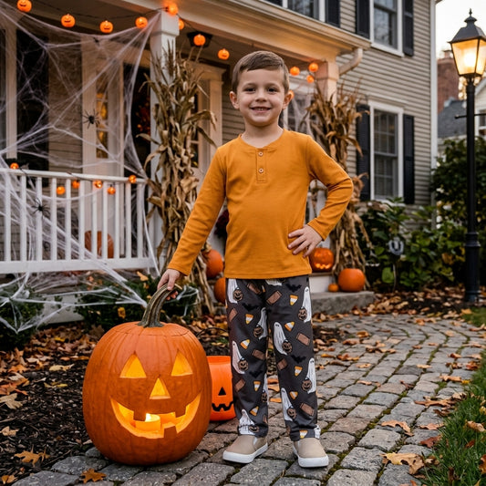 Baby Boys Orange Button Top Ghosts Pumpkins Pant Halloween Clothes Set