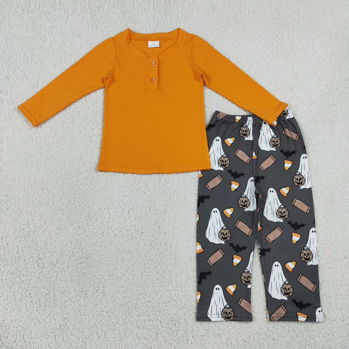 Baby Boys Orange Button Top Ghosts Pumpkins Pant Halloween Clothes Set