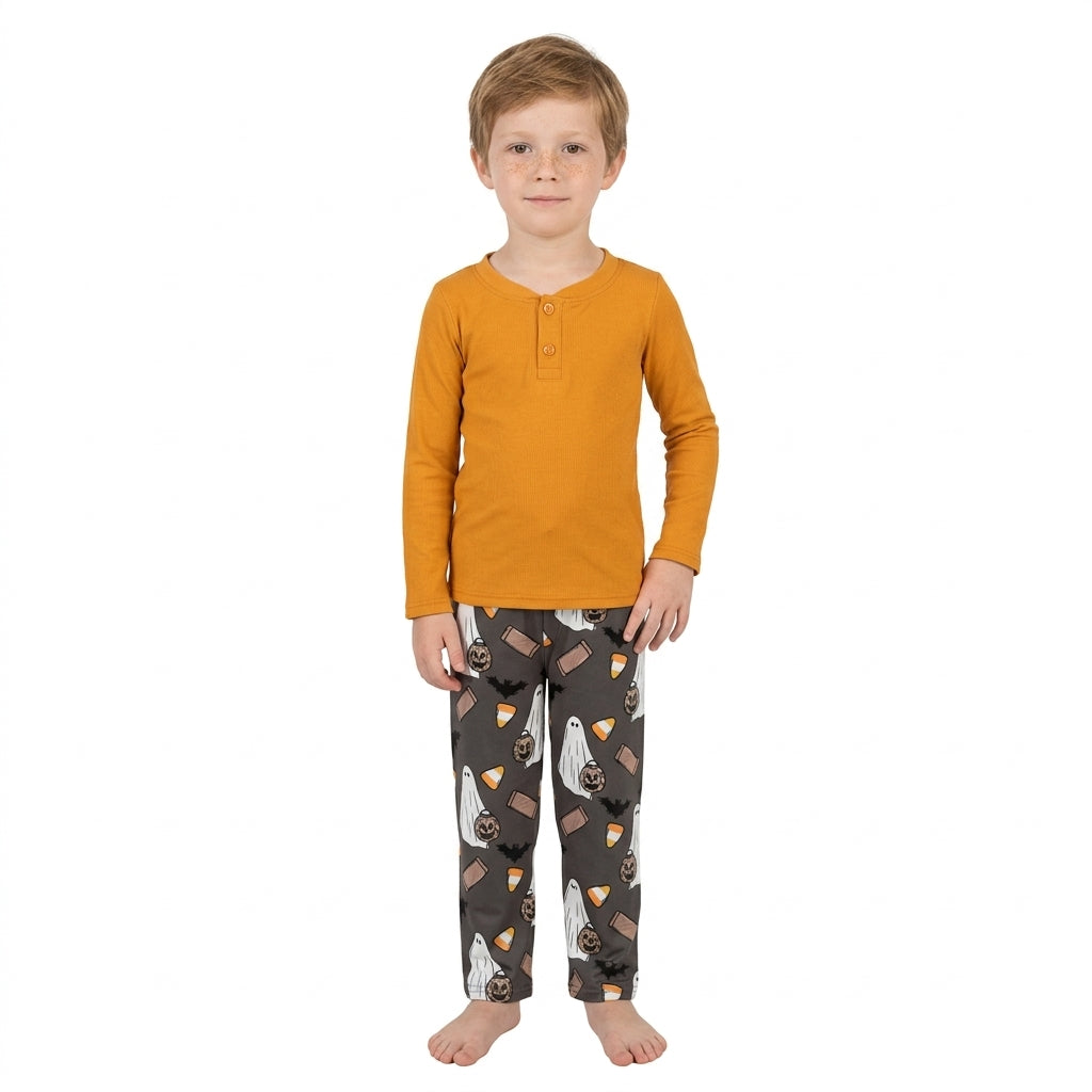 Baby Boys Orange Button Top Ghosts Pumpkins Pant Halloween Clothes Set