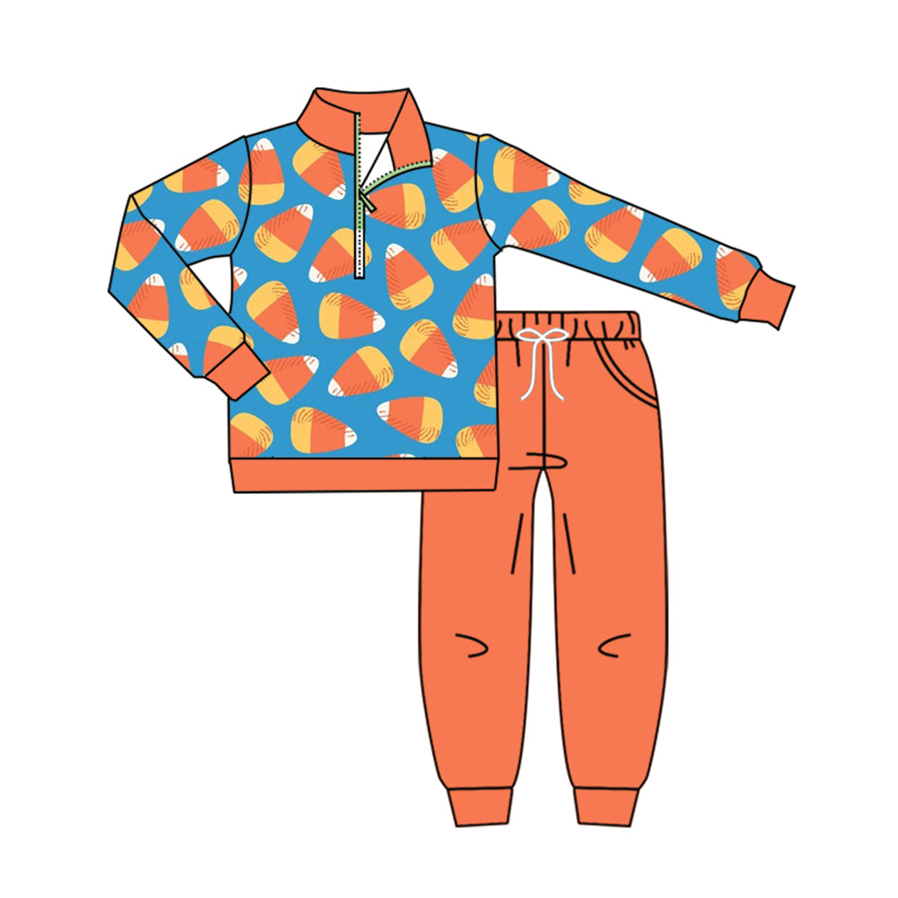 Preorder moq 5 Baby Boys Candy Zip Pullover Pockets Jogger Halloween Clothes Set