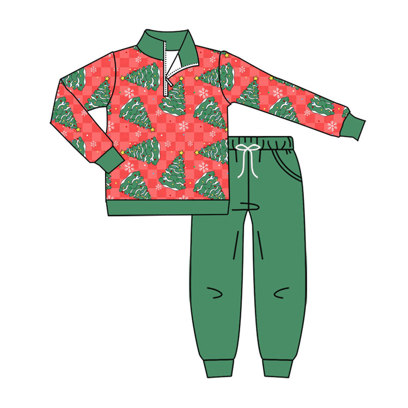 Preorder moq 5 Baby Boys Snowflakes Trees Zip Pullover Pockets Jogger Christmas Clothes Set