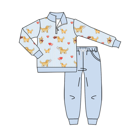 Preorder moq 5 Baby Boys Blue Stripe Heart Dogs Zip Pullover Pockets Jogger Valentines Set
