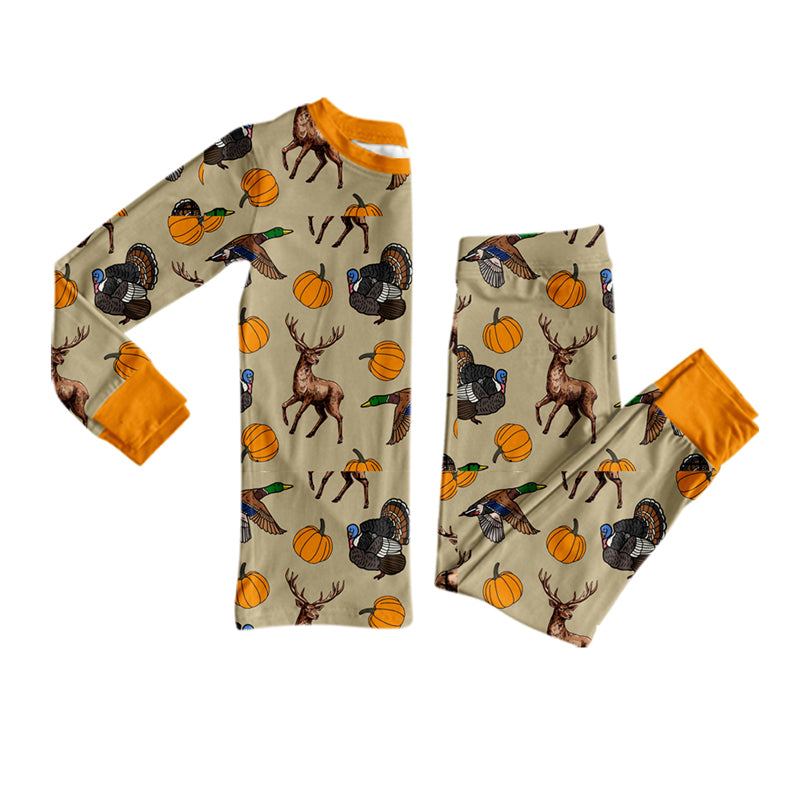 Preorder moq 5 Baby Boys Pumpkins Ducks Turkey Top Pant Thanksgivings Pajamas Set