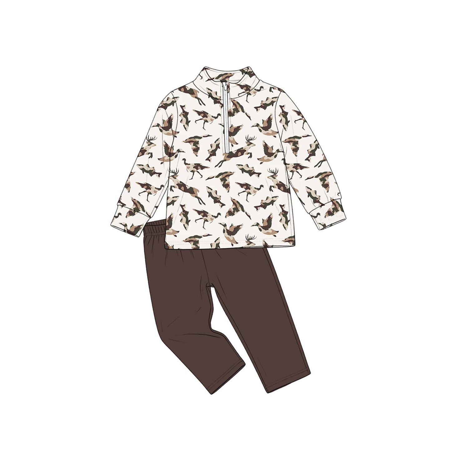 Preorder moq 5 Baby Boys Ducks Zip Pullovers Leggings Hunting Clothes Set