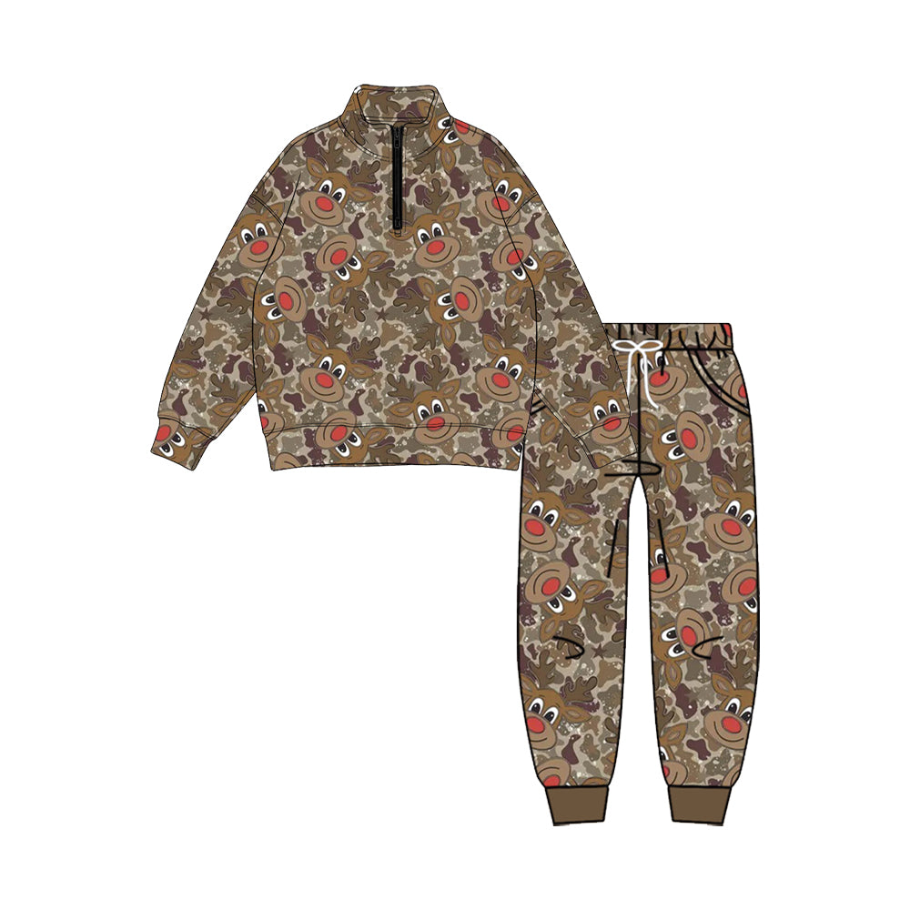 Preorder moq 5 Baby Boys Brown Camo Deer Zip Pullovers Pockets Jogger Christmas Clothes Set