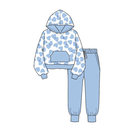 Preorder moq 5 Baby Boys Blue Hearts Hoodie Pockets Jogger Valentines Clothes Set