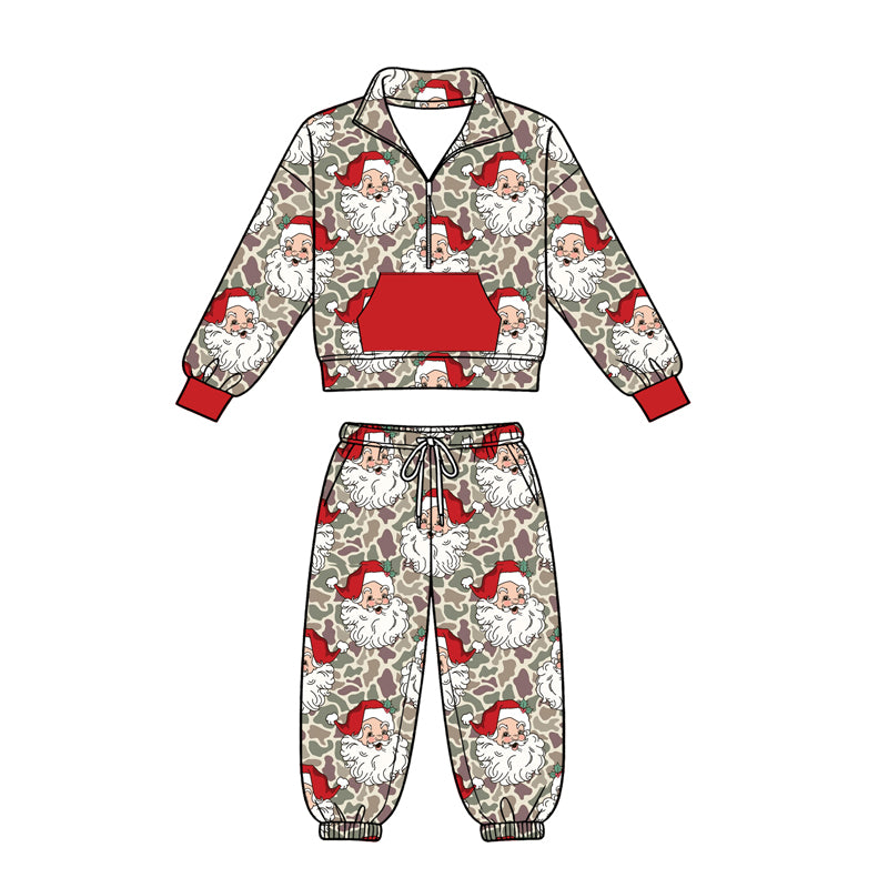 Preorder moq 5 Baby Boys Khaki Camo Santa Zip Pocket Pullovers Joggers Christmas Set