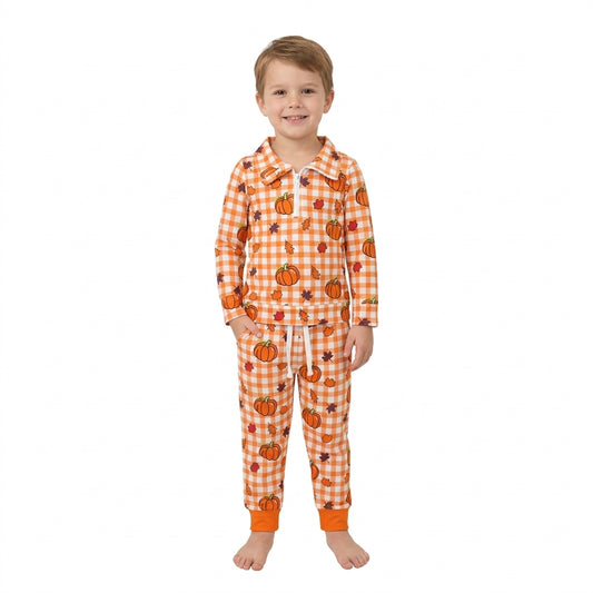 Baby Boys Leaves Pumpkins Checked Zip Pullovers Pockets Joggers Fall Clothes Set