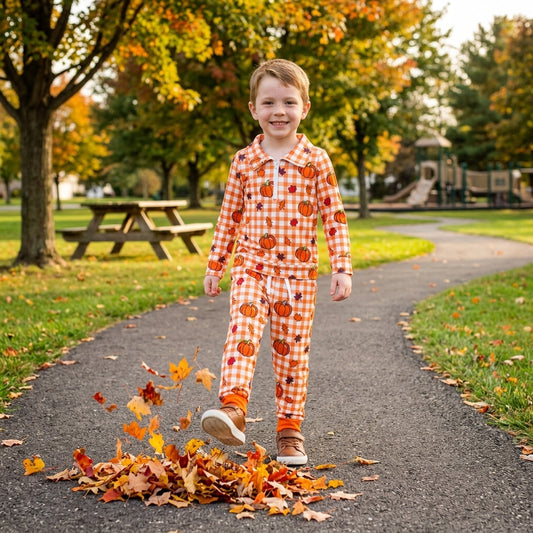 Baby Boys Leaves Pumpkins Checked Zip Pullovers Pockets Joggers Fall Clothes Set