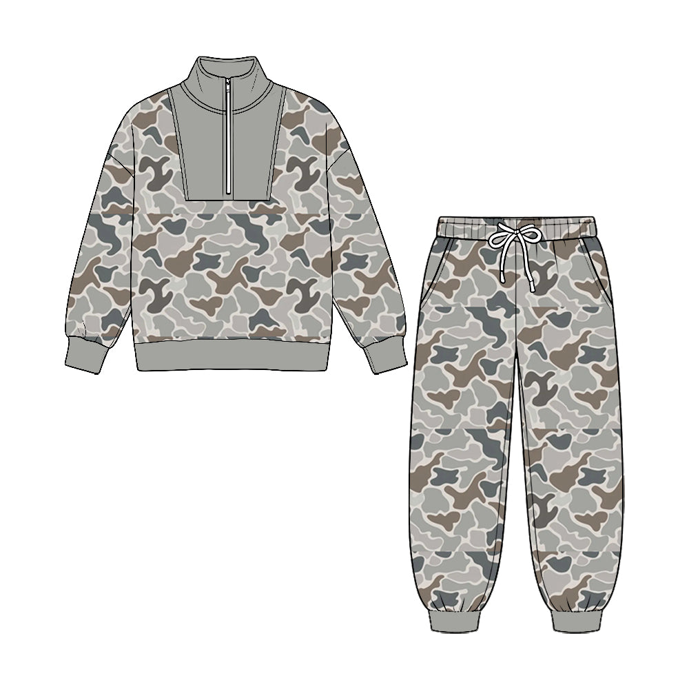 Preorder moq 5 Baby Boys Southern Camo Zip Pullover Pockets Jogger Pant Clothes Sets