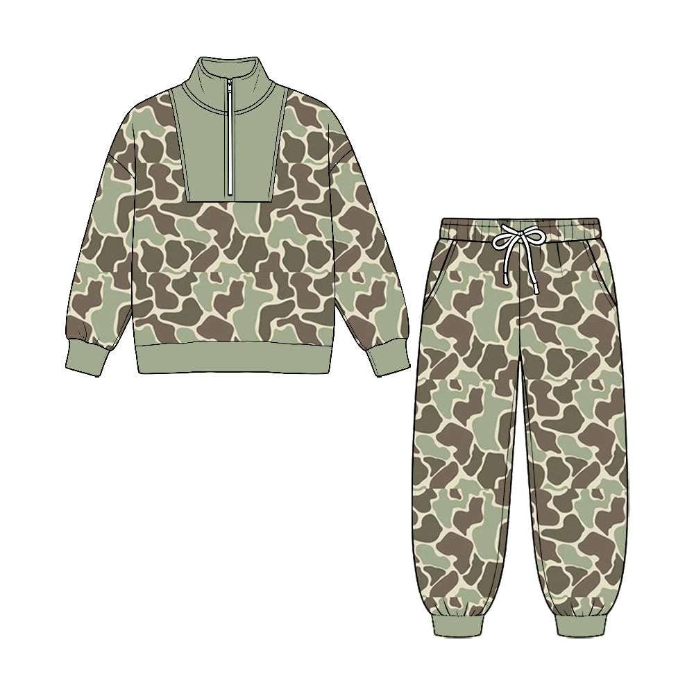 Preorder moq 5 Baby Boys Southern Camo Zip Pullover Pockets Jogger Pant Clothes Sets