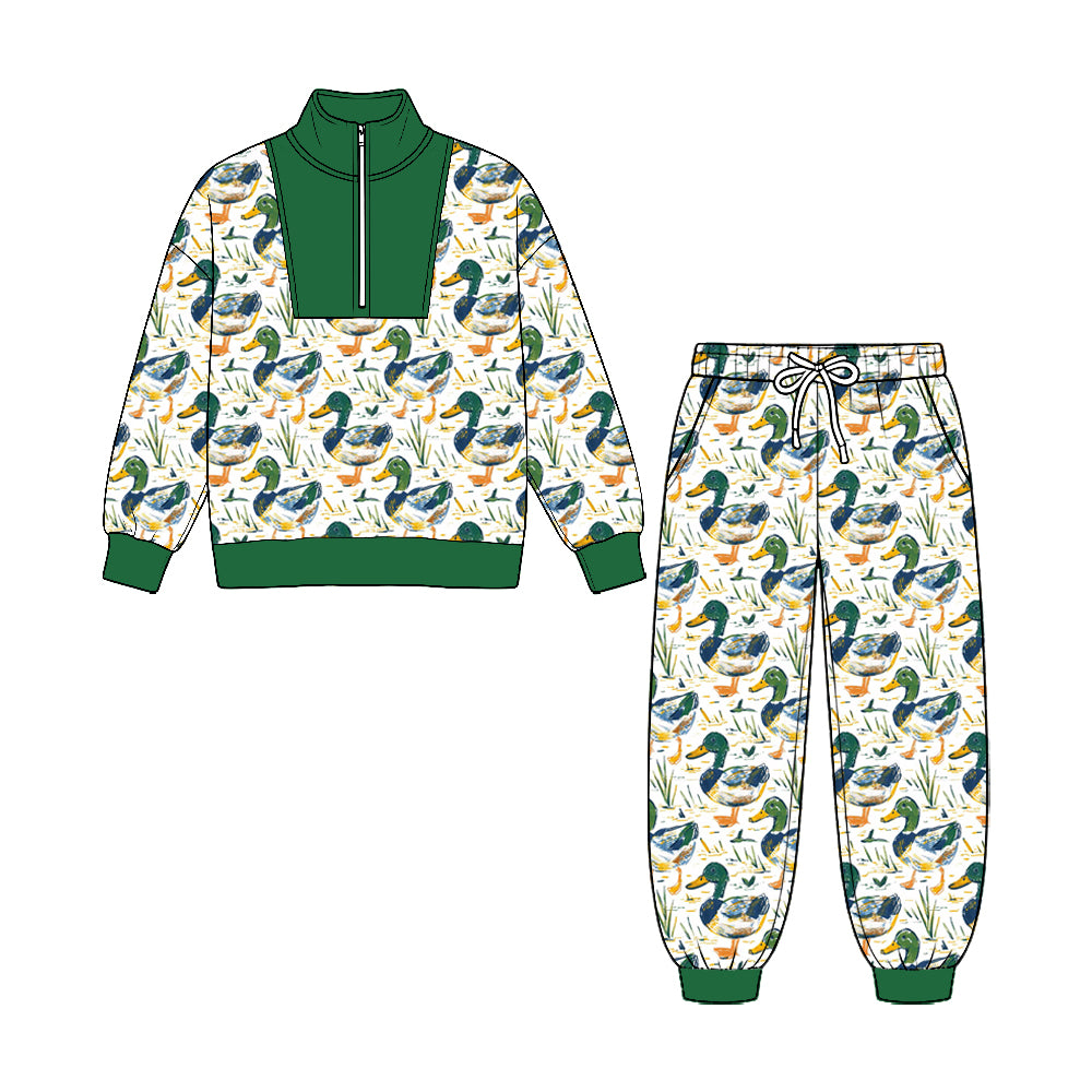 Preorder moq 5 Baby Boys Ducks Plaid Zip Pullover Pockets Jogger Hunting Clothes Sets