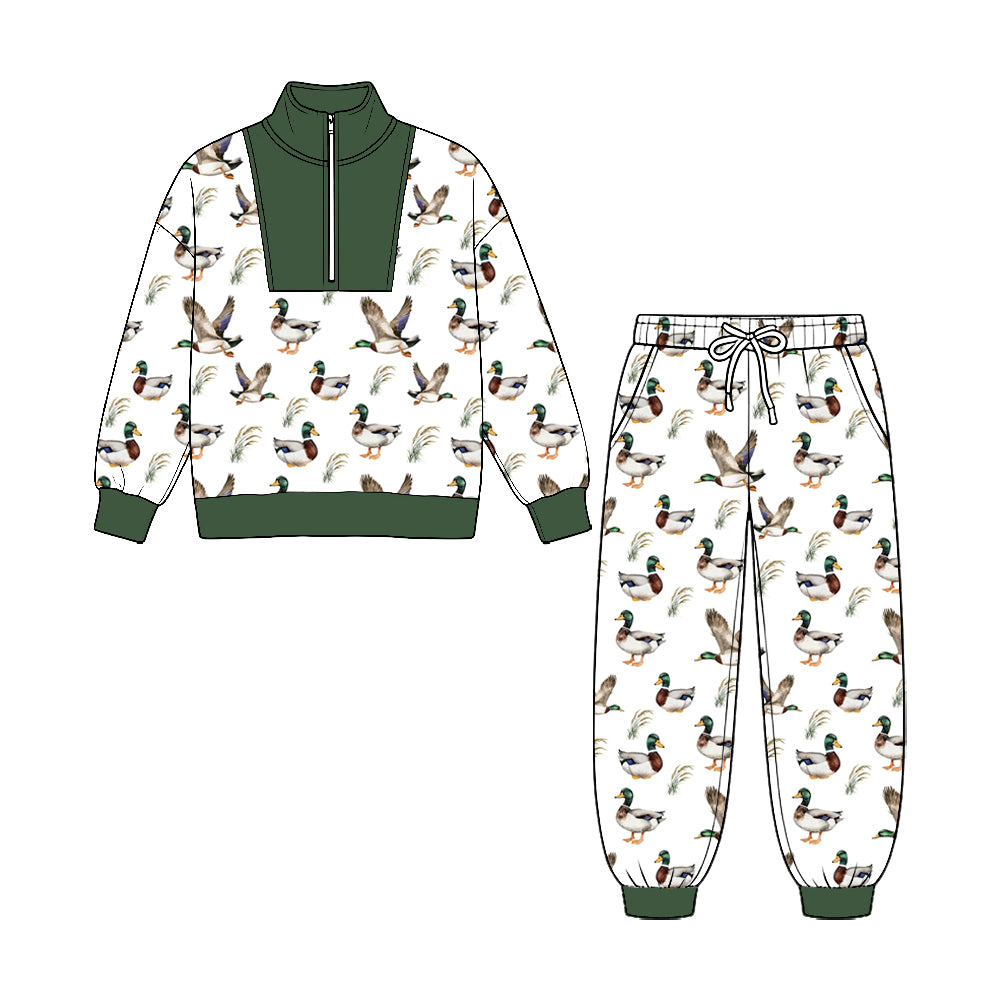 Preorder moq 5 Baby Boys Ducks Plaid Zip Pullover Pockets Jogger Hunting Clothes Sets