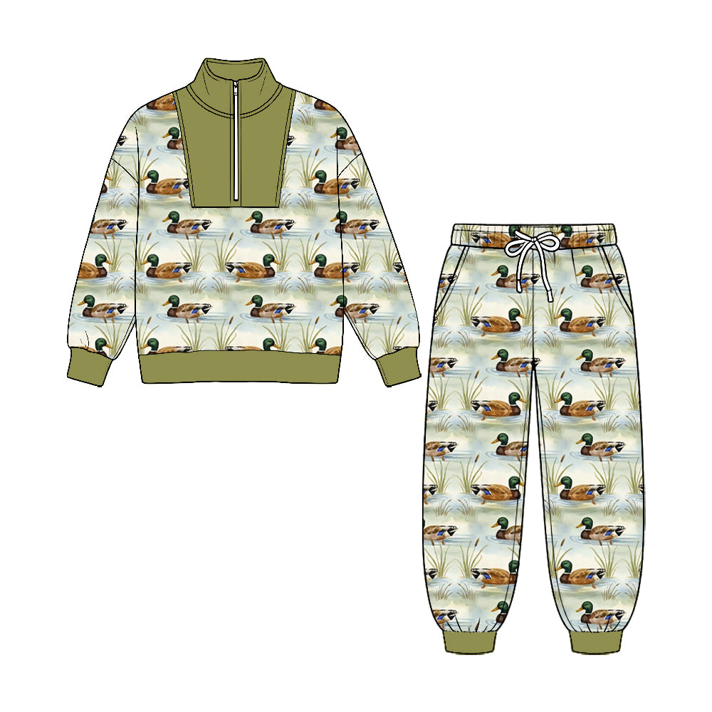 Preorder moq 5 Baby Boys Ducks Plaid Zip Pullover Pockets Jogger Hunting Clothes Sets