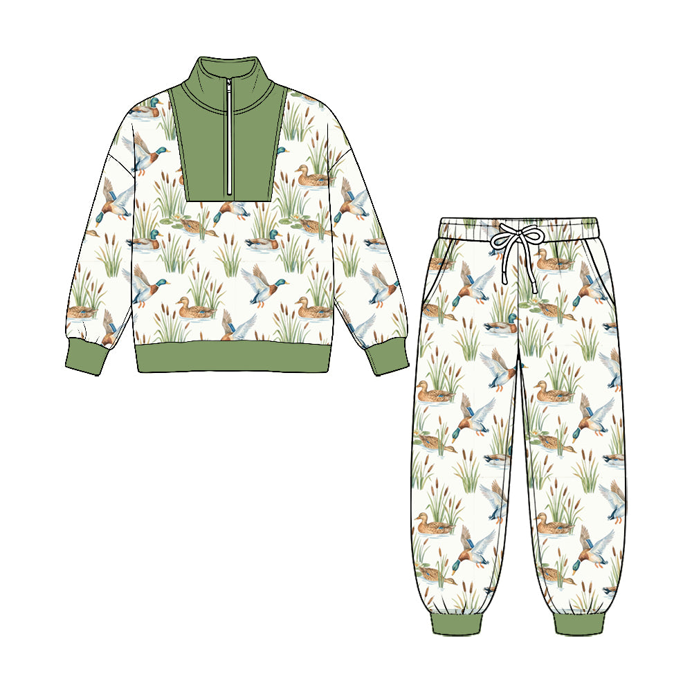 Preorder moq 5 Baby Boys Ducks Plaid Zip Pullover Pockets Jogger Hunting Clothes Sets