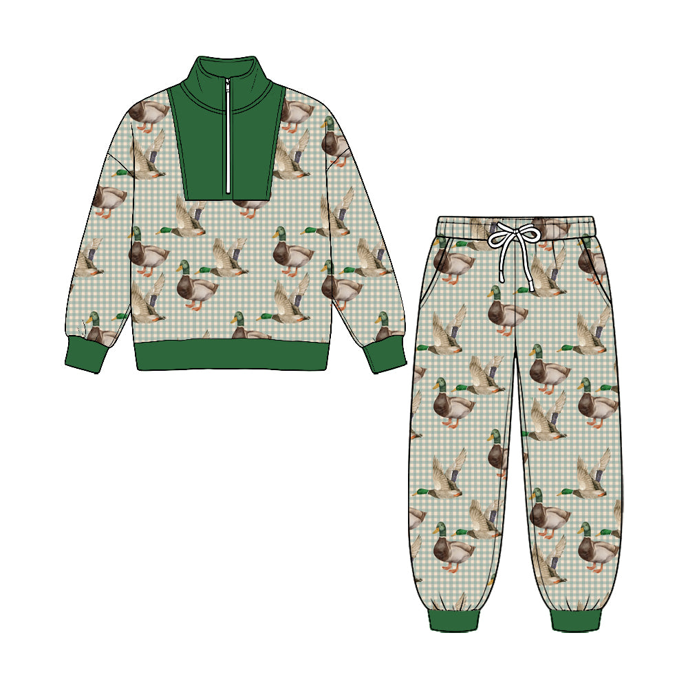 Preorder moq 5 Baby Boys Ducks Plaid Zip Pullover Pockets Jogger Hunting Clothes Sets