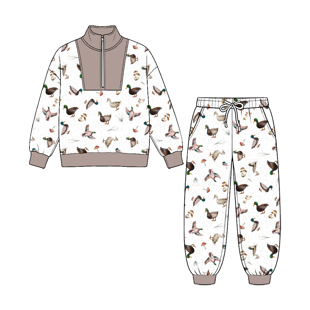 Preorder moq 5 Baby Boys Ducks Plaid Zip Pullover Pockets Jogger Hunting Clothes Sets