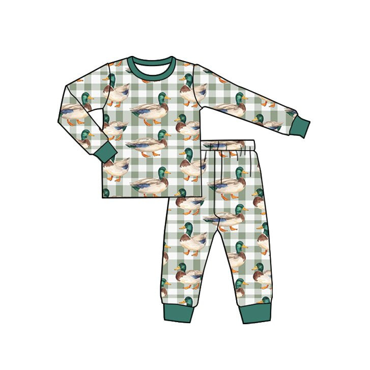 Preorder moq 5 Baby Boys Green Checked Ducks Top Pant Hunting Pajamas Sets