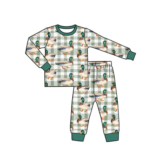 Preorder moq 5 Baby Boys Green Checked Ducks Top Pant Hunting Pajamas Sets