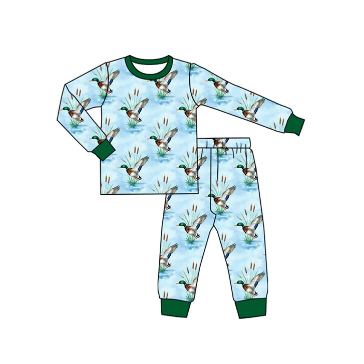 Preorder moq 5 Baby Boys Ducks Plaid Top Pant Hunting Pajamas Sets