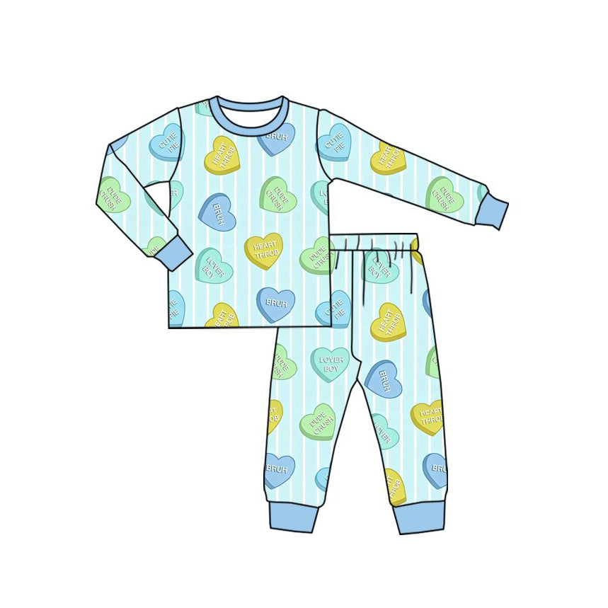 Preorder moq 5 Baby Boys Blue Stripe LOVE YOU Hearts Top Pant Valentines Pajamas Sets
