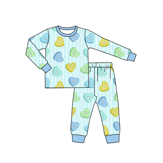 Preorder moq 5 Baby Boys Blue Stripe LOVE YOU Hearts Top Pant Valentines Pajamas Sets