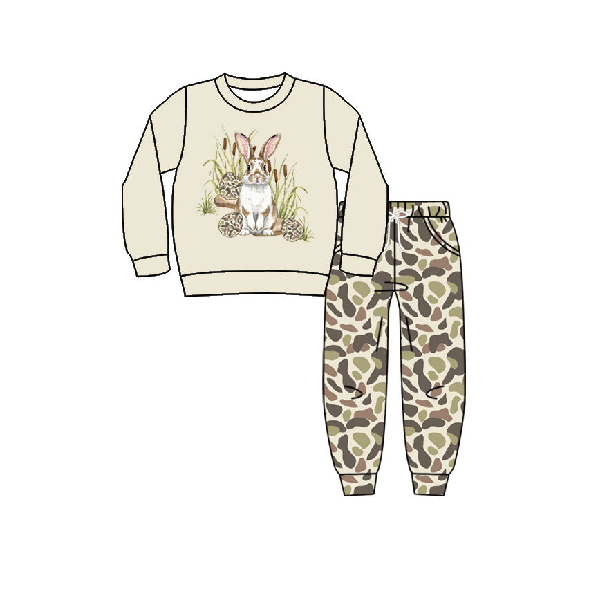 Preorder moq 5 Baby Boys Camo Rabbits Top Pockets Jogger Pant Easter Clothes Sets