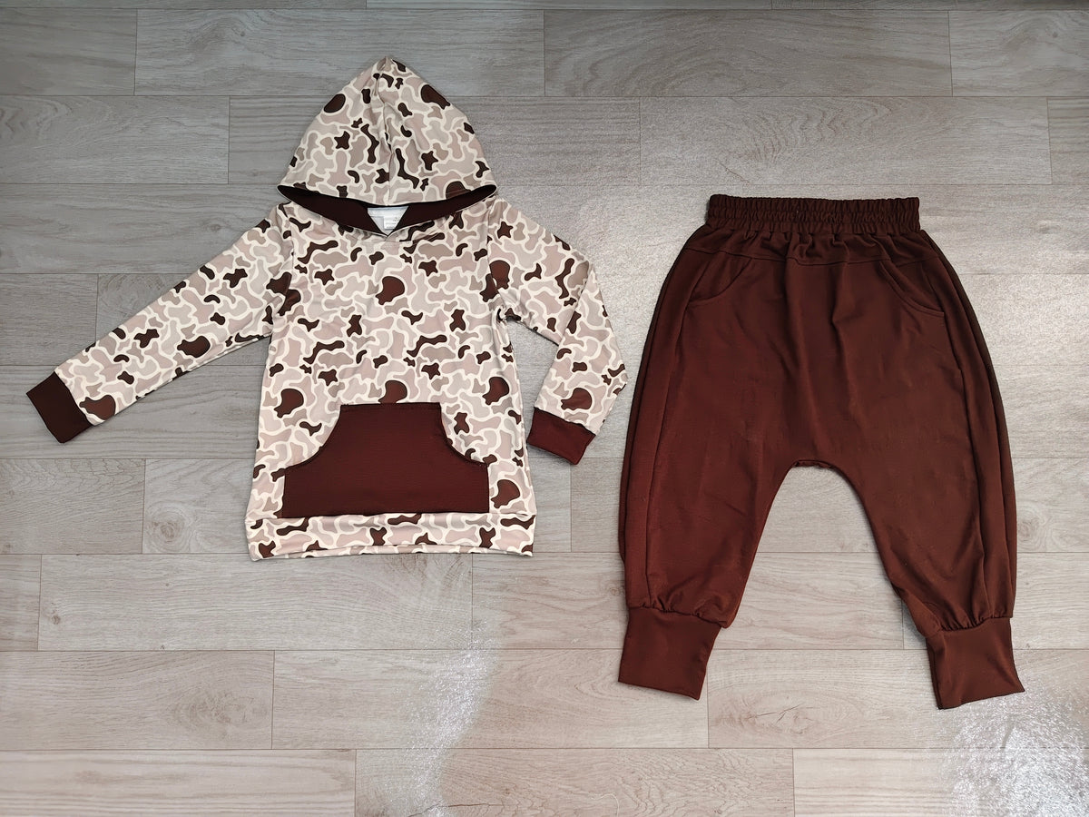 Baby Boys Brown Camo Hoodie Pockets Jogger Pant Clothes Set Preorder