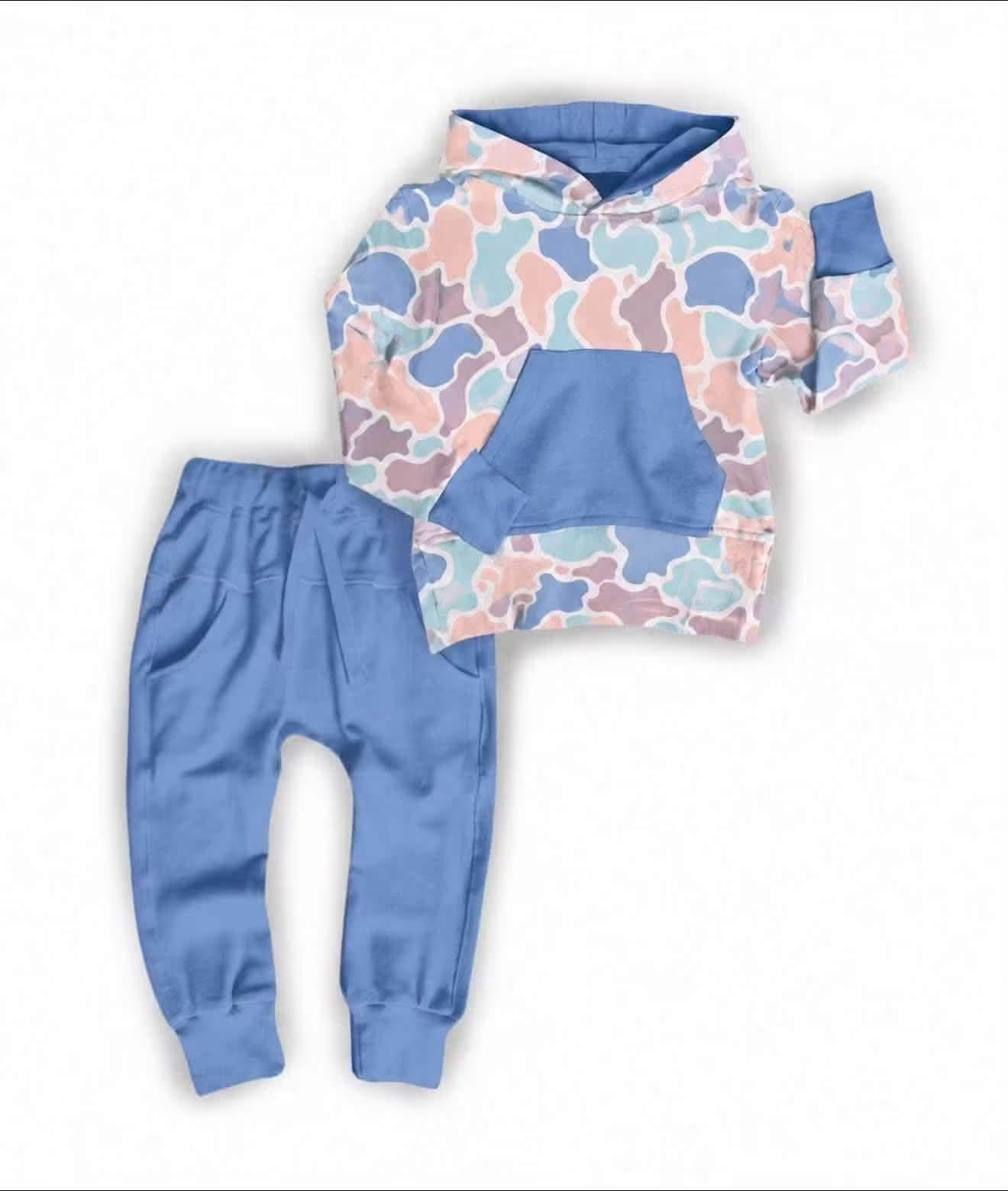 Preorder moq 5 Baby Boys Blue Pink Camo Hoodie Pockets Jogger Pant Clothes Sets