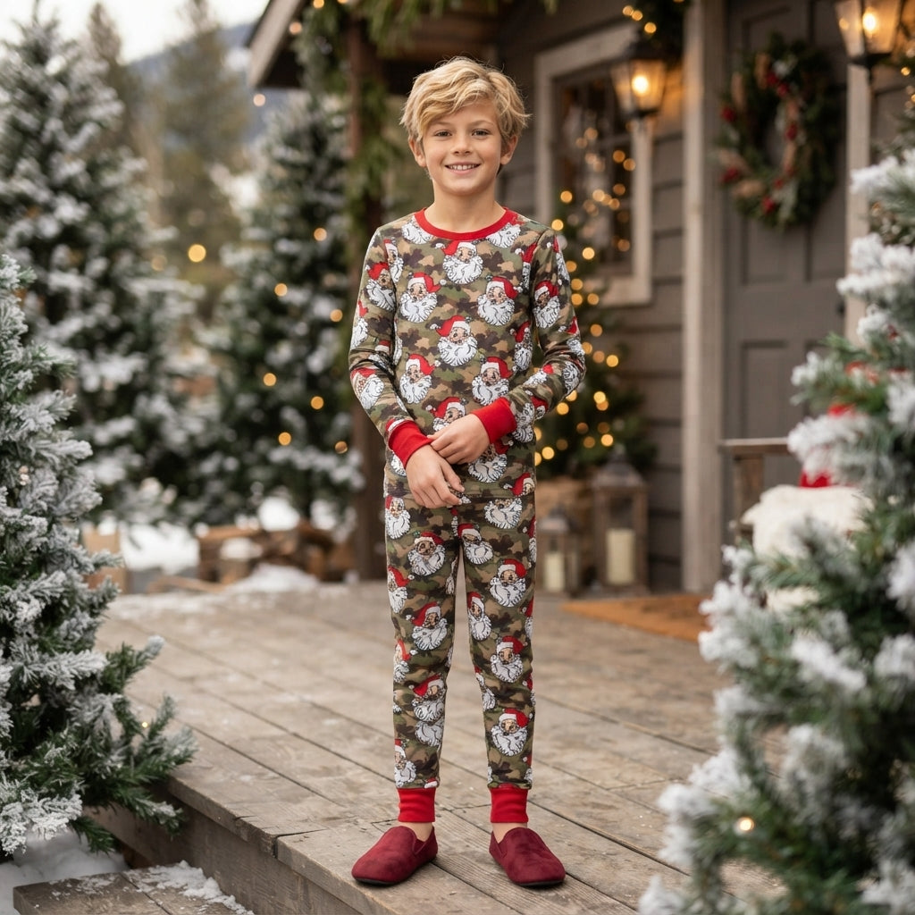 Baby Boys Green Camo Santa Top Pant Christmas Pajamas Sets