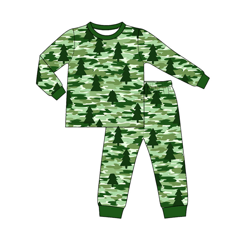 Preorder moq 5 Baby Boys Green Camo Trees Top Pant Christmas Pajamas Sets