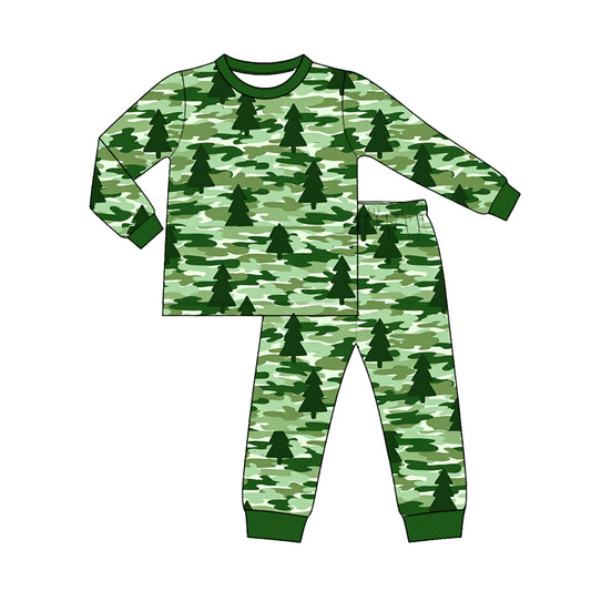 Preorder moq 5 Baby Boys Green Camo Trees Top Pant Christmas Pajamas Sets