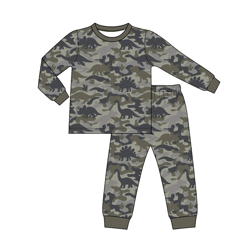 Preorder moq 5 Baby Boys Grey Camo Dinosaurs Top Pant Pajamas Sets