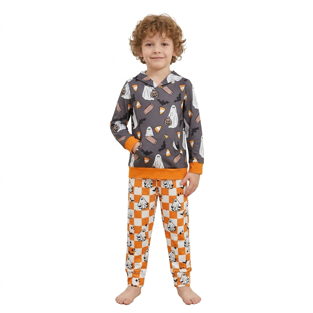 Baby Boys Bats Ghosts Hooded Orange Checked Pant Halloween Clothes Sets