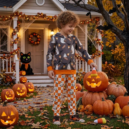 Baby Boys Bats Ghosts Hooded Orange Checked Pant Halloween Clothes Sets