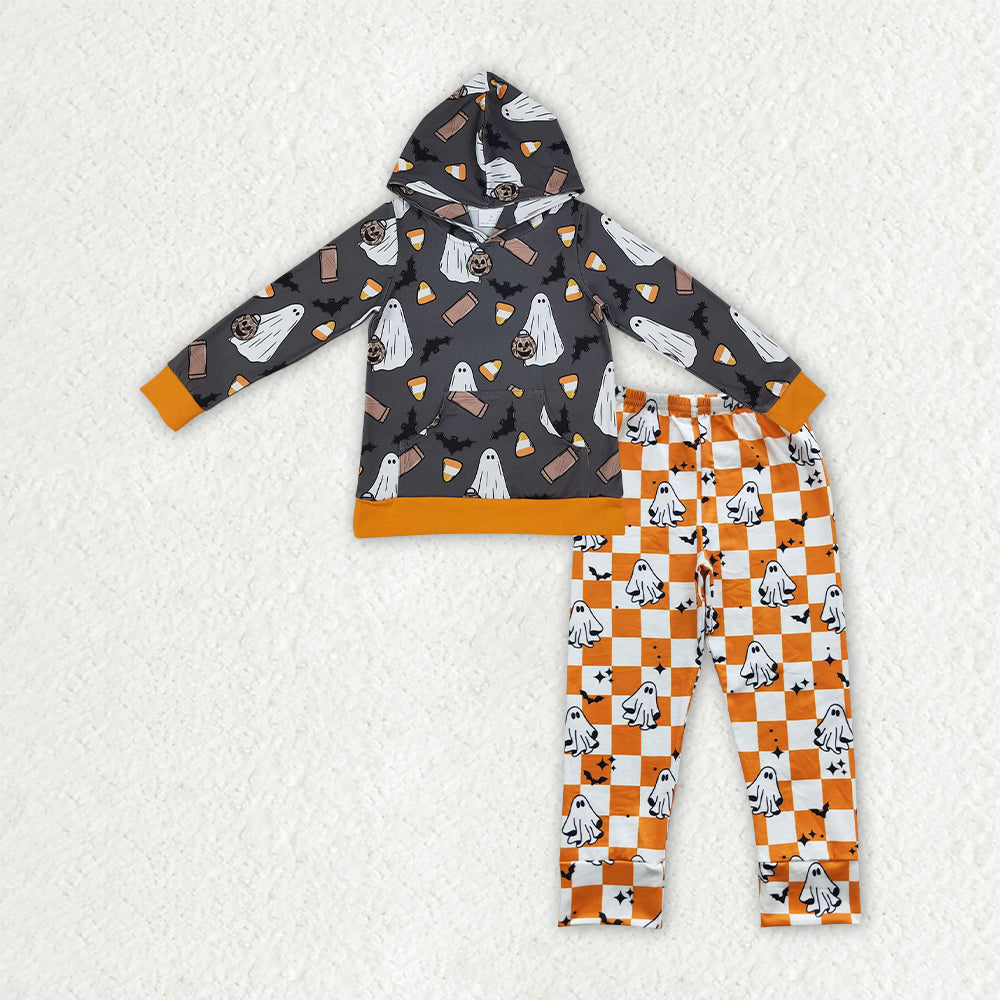 Baby Boys Bats Ghosts Hooded Orange Checked Pant Halloween Clothes Sets