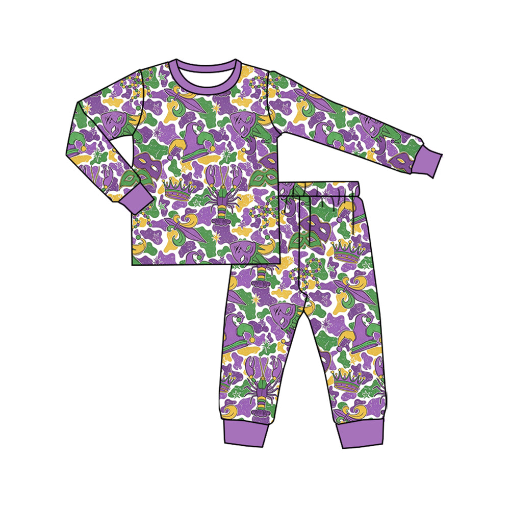 Baby Boys Mardigras Camo Crowns Masks Anchors Top Pant Pajamas Set Preorder