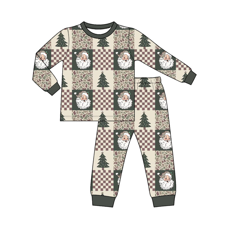 Baby Boys Green Camo Trees Santa Checked Top Pant Christmas Pajamas Set Preorder