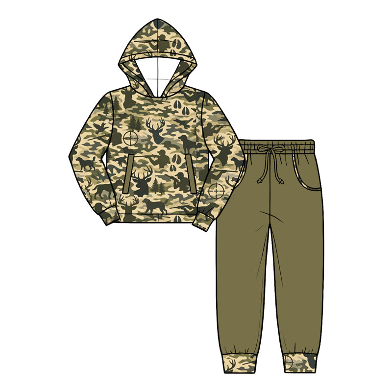 Baby Boys Green Deer Dogs Camo Hoodie Pockets Joggers Hunting Clothes Set Preorder
