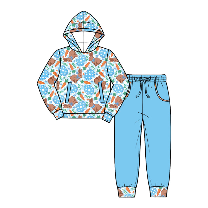 Baby Boys Blue Eggs Rabbits Carrots Hoodies Pockets Joggers Easter Clothes Set Preorder