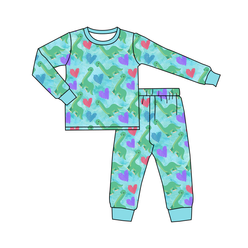 Baby Boys Colorful Hearts Dinosaurs Top Pant Valentine Pajamas Sets Preorder